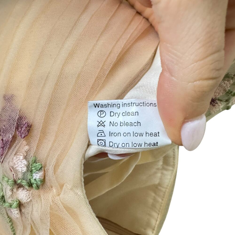 Neutral Cream Tulle Tie Straps Long A Line Flower Embroidered Prom Formal Dress - Picture 13 of 13